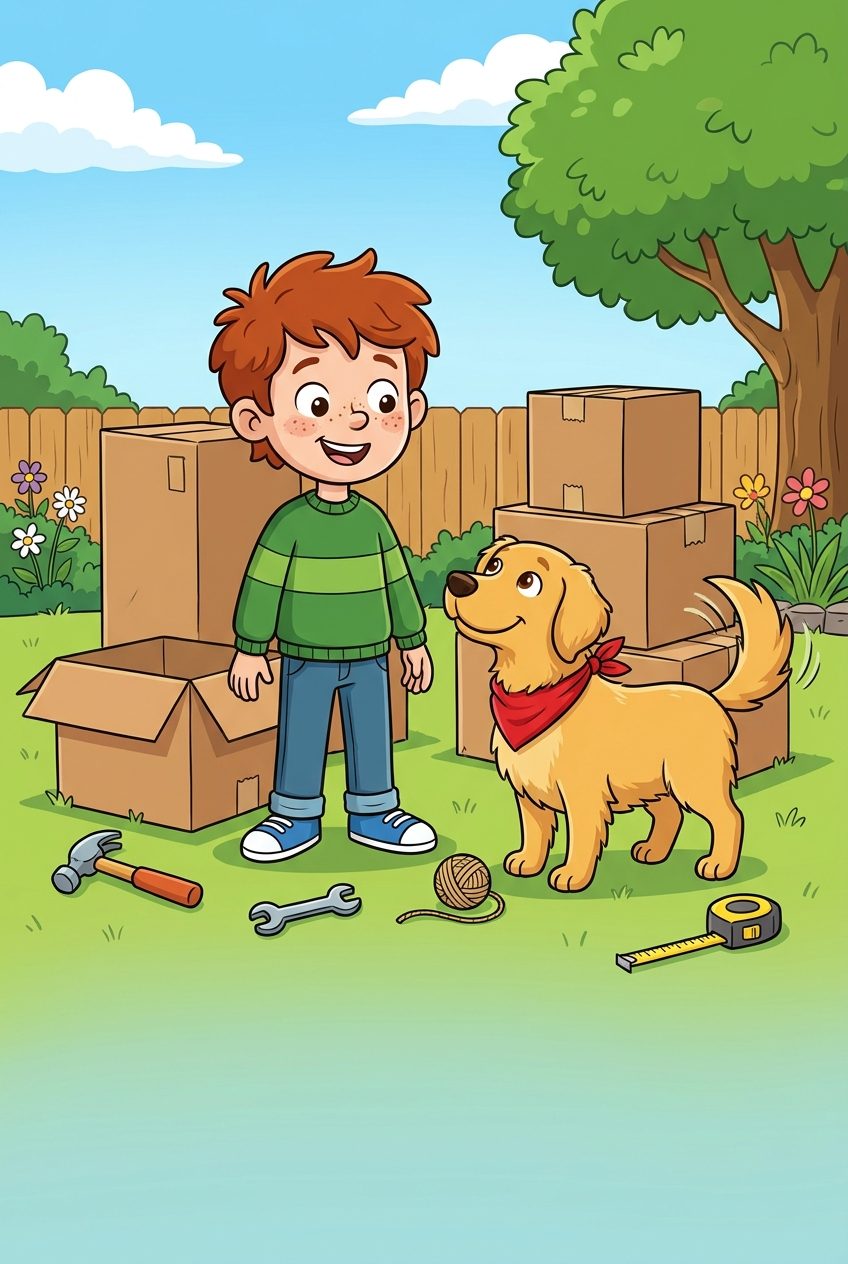 Cartoon book page: a freckled boy with red hair and a striped green sweater stands among cardboard boxes in a backyard with a golden retriever in a red bandana