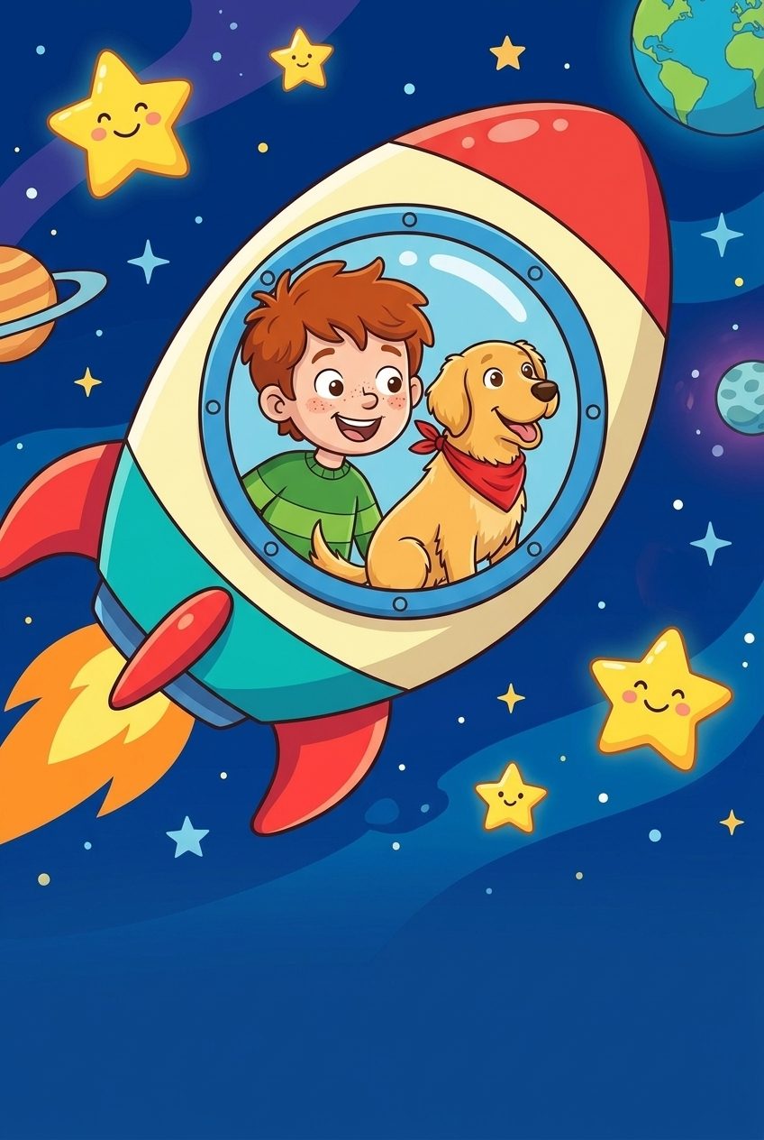 Cartoon book page: the same boy and golden retriever look out the porthole of a red and white rocket flying past smiling stars and planets