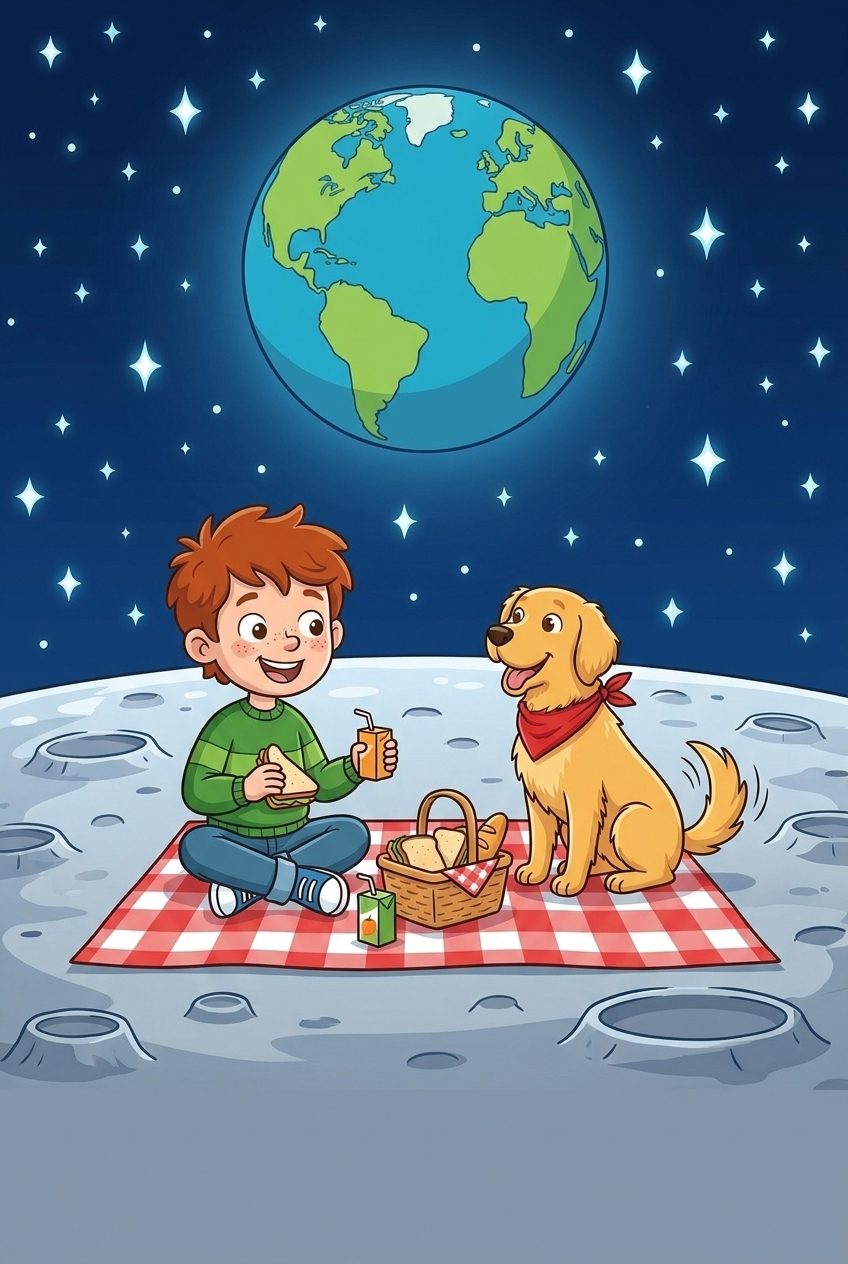 Cartoon book page: the boy and his golden retriever share a picnic on a checkered blanket on the cratered moon, Earth glowing above
